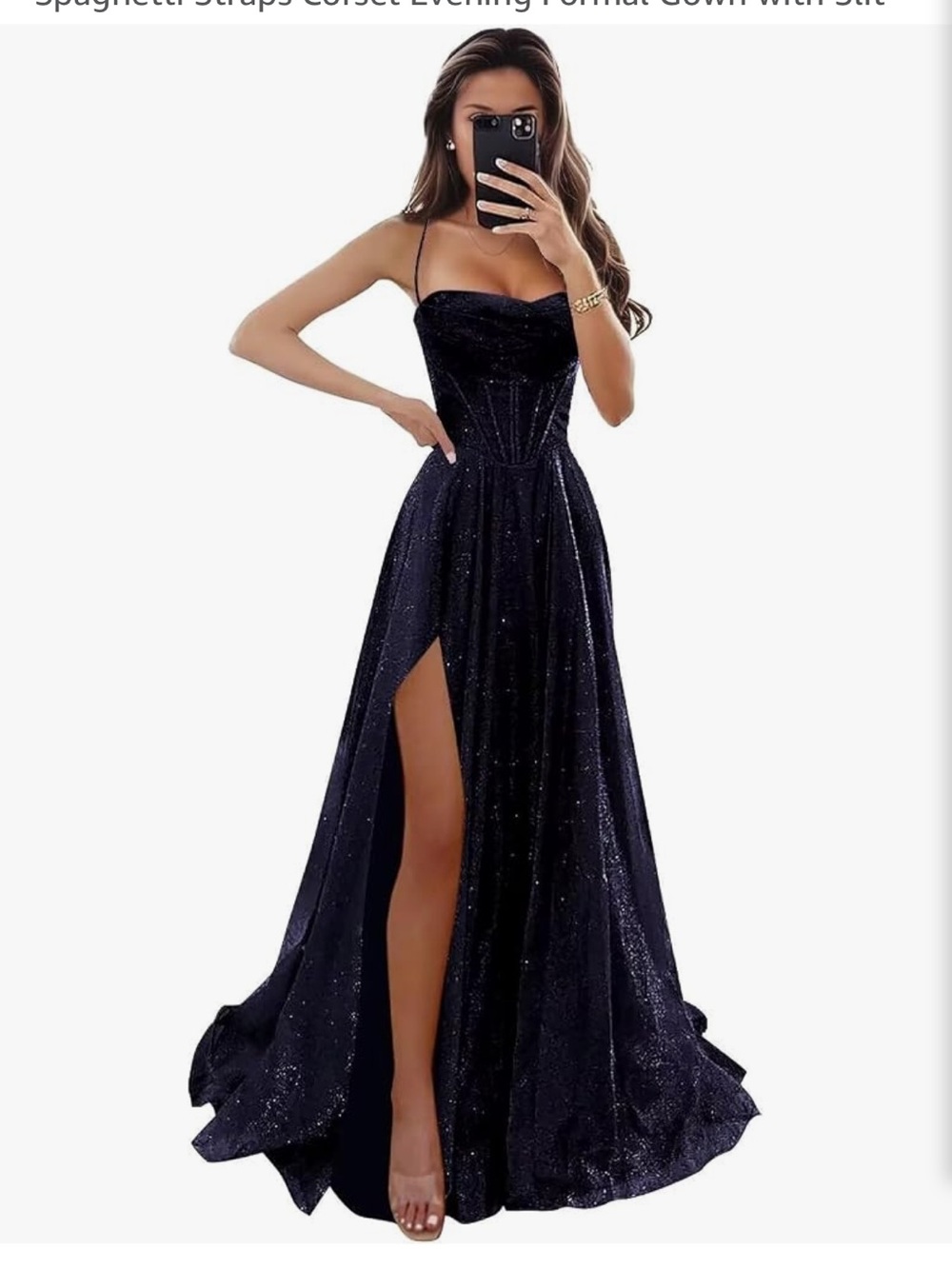 Elegant Sparkle Spaghetti-Strap Evening Gown - navy